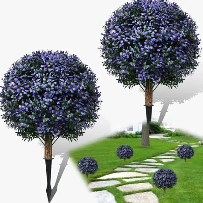 Set of 2 Artificial Boxwood Topiary Ball Trees Outdoor Faux Shrubs Artificial Boxwood Plants with Ground Spike, 24" Lavender Fake Evergreen Tree UV Resistant for Planter,Potted,Fall by GreenHaven Gardens