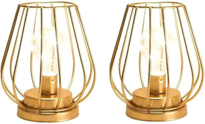 TRIROCKS Set of 2 Metal Battery Operated Lamp 7'' Tall Cage Shape Cordless Table Lamp Battery Lanterns with Warm Fairy Lights Bulb for Patio Garden Wedding Parties Indoor Outdoor(Gold) by GreenHaven Gardens