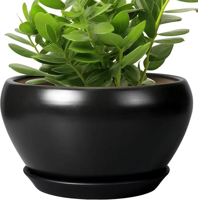 Ceramic Pot for Plants - 11 Inch Plant Pot Indoor with Drainage Hole and Saucer Large Planter Decorative Planter Modern Outdoor Flower Pot for House Balcony Black by GreenHaven Gardens