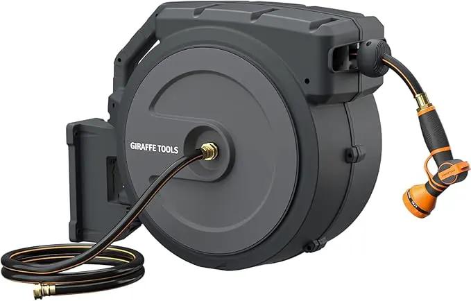 Giraffe Tools Retractable Hose Reel 5/8" x 90 ft Wall Mounted Garden Hose Reel Heavy Duty, Automatic Rewind, 180 Deg Swivel, Any Length Lock, 9 Pattern Nozzle, 90 ft, Dark Grey by GreenHaven Gardens