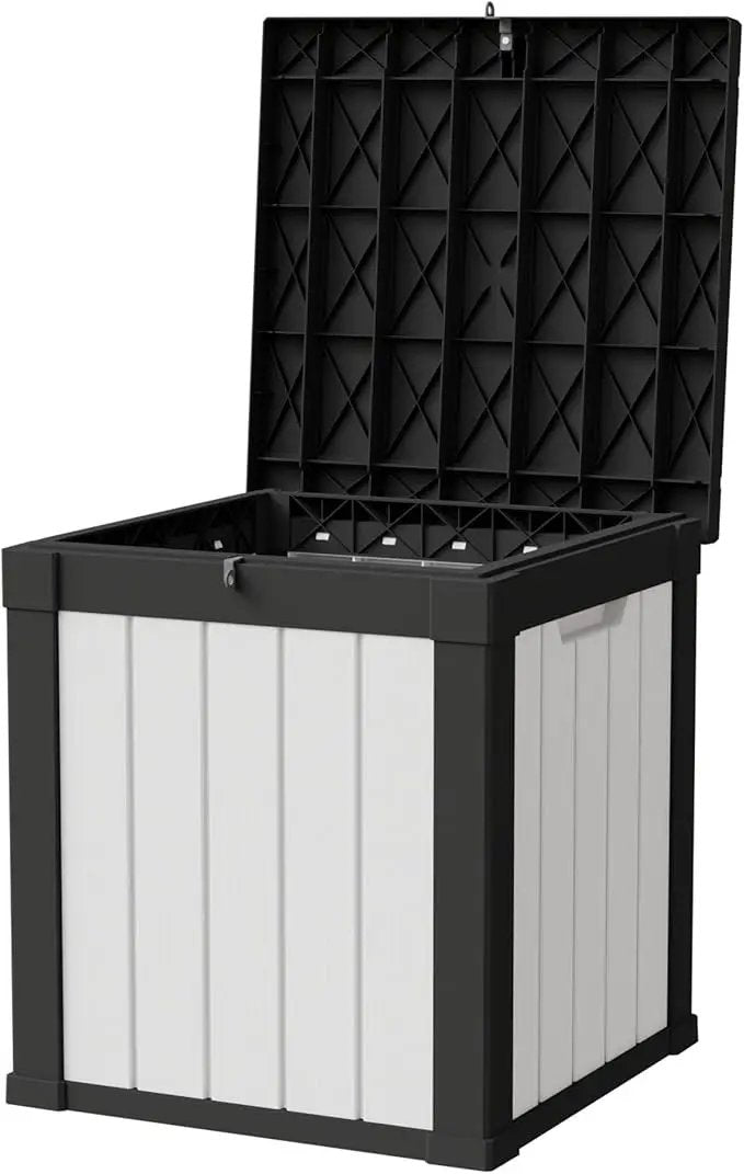 50 Gallon Storage Box, Waterproof Deck Box for Indoor & Outdoor Use, Lockable Pool Storage Bin for Package Delivery, Outdoor Bench for Patio Cushions, Garden Tools, Backyard, Black & White by GreenHaven Gardens
