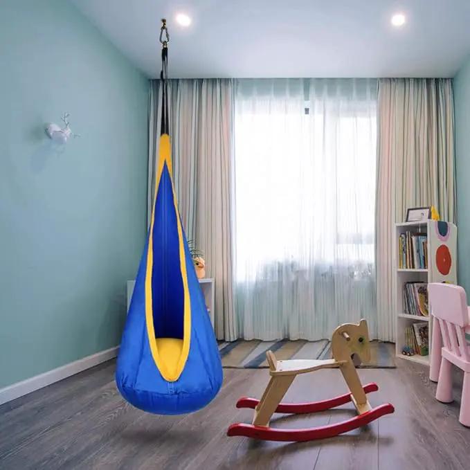 Kids Pod Swing Hanging Seat Child Hammock Chair Indoor and Outdoor Sensory Swing 100% Cotton Loading Capacity 170 lbs (Blue) by GreenHaven Gardens