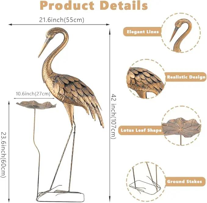 42'' Heron Garden Statue for Outside, Crane Outdoor Statue & Sculpture with Lotus Leaf, Metal Heron Yard Art Decor for Garden, Yard, Lawn, Pond (Gold & Blue) by GreenHaven Gardens