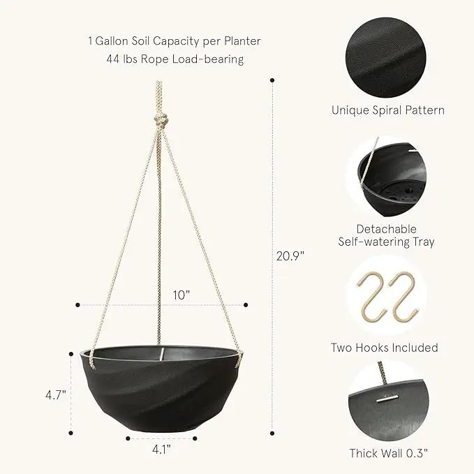 La Jolie Maison 10 Inch Hanging Planters for Indoor Plants, Outdoor Garden Planter Pots with Self-Watering Tray, Jet Black, Spiral Pattern, Set of 2 by GreenHaven Gardens
