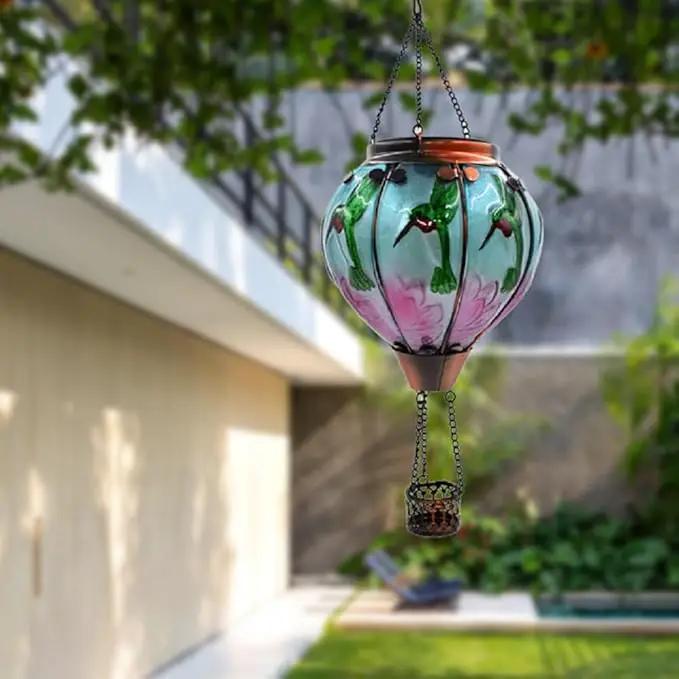 2PCS Solar Hot Air Balloon Lanterns with Flame Glass Hot Air Balloon Lights with 2PCS Shepherd's Hooks Waterproof Hanging Outdoor Solar Lantern for Yard Patio Christmas Decor (Hummingbird) by GreenHaven Gardens