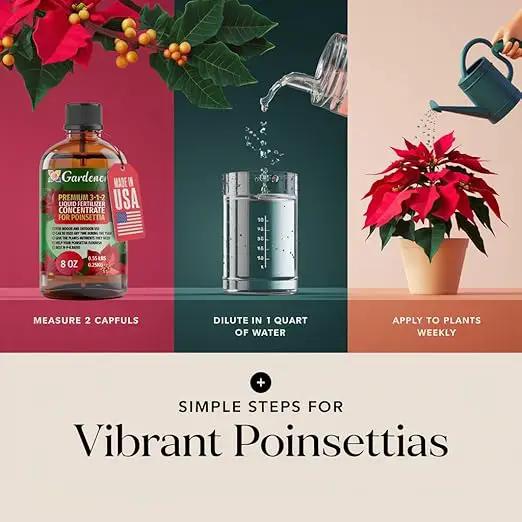 Poinsettia Plant Fertilizer - 3-1-2 NPK - Organic Liquid Plant Food for Christmas Flowers and Trees - 32oz Concentrate by GreenHaven Gardens