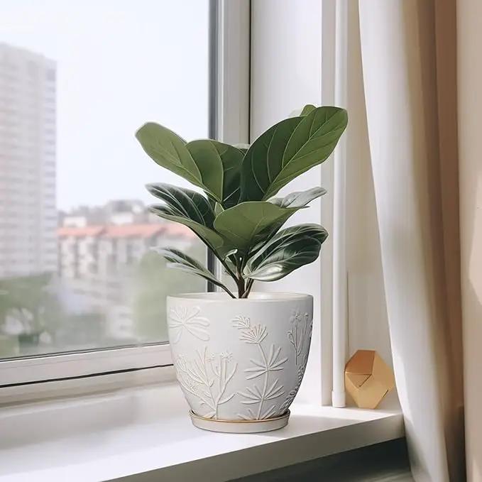 8 Inch Ceramic Pots for Plants Large Planter Pot with Drainage Hole and Saucer Round Flower Pot for Indoor Outdoor Decor, White by GreenHaven Gardens