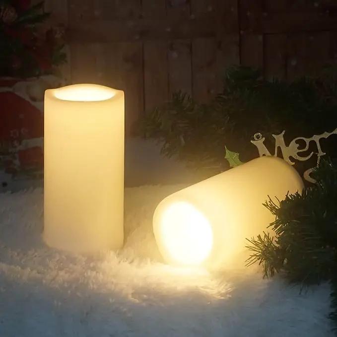 CANDLE CHOICE Waterproof Outdoor Battery Operated Flameless Candles with Timer Large Plastic Resin Bright Flickering Electric LED Pillars Lantern Garden Wedding Christmas Decorations 4”(D)x8”(H) 2 PCS by GreenHaven Gardens