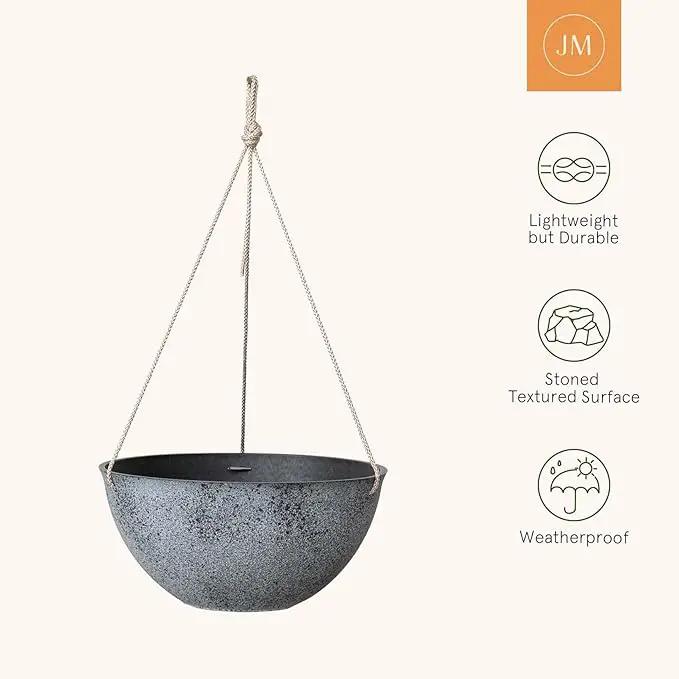 LA JOLIE MUSE Large Hanging Planters for Outdoor Plants - 13 Inch Hanging Flower Pots with Drainage Holes, Set of 2, Rock Grey by GreenHaven Gardens