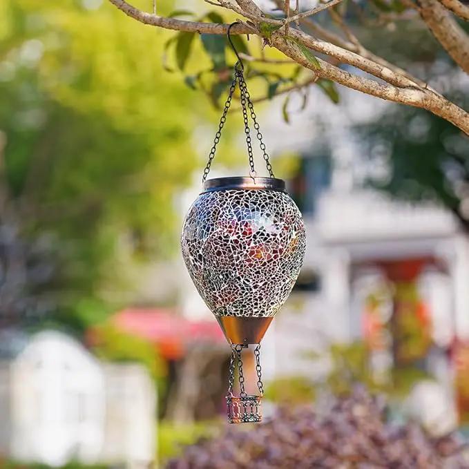 DREAMSOUL Mosaic Hot Air Balloon Solar Lantern with LED Light, Hanging Glass Solar Lanterns Outdoor Waterproof for Garden Patio Porch Decor by GreenHaven Gardens