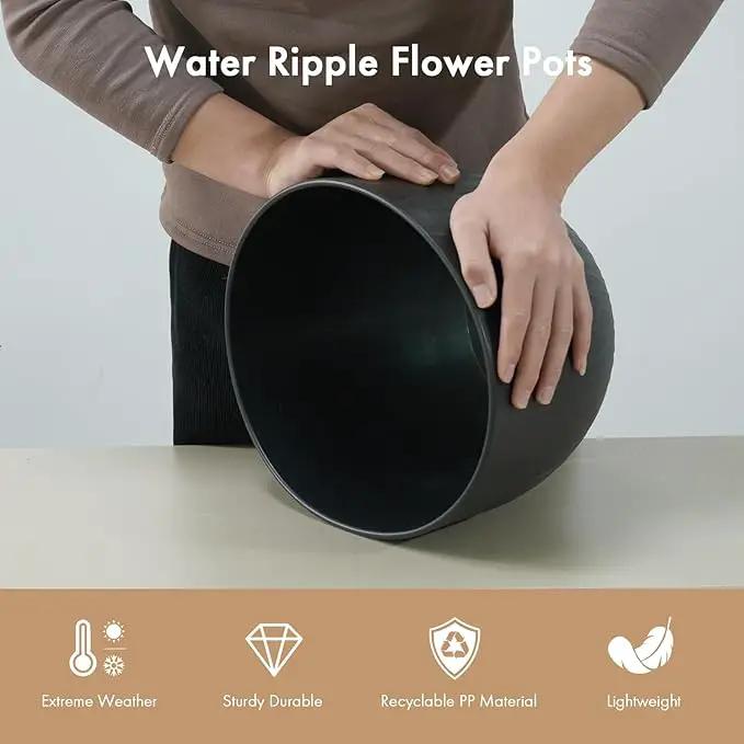 12 Inch Large Plant Pots for Indoor or Outdoor Plants, Wide Water Ripples Flower Pots with Drainage Holes & Saucer, Plastic Planters Set for Garden & Home Decor (Black) by GreenHaven Gardens