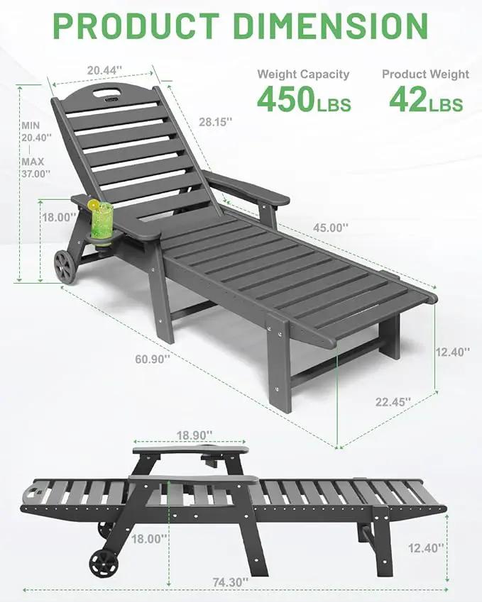 Lounge Chair Outdoor, Chaise Lounge Chair Outdoor, HDPE 6-Position Lounge Chair for Outside, Patio Lounge Chair with Wheels & Cup Holder for Pool Poolside Deck Backyard, Grey by GreenHaven Gardens