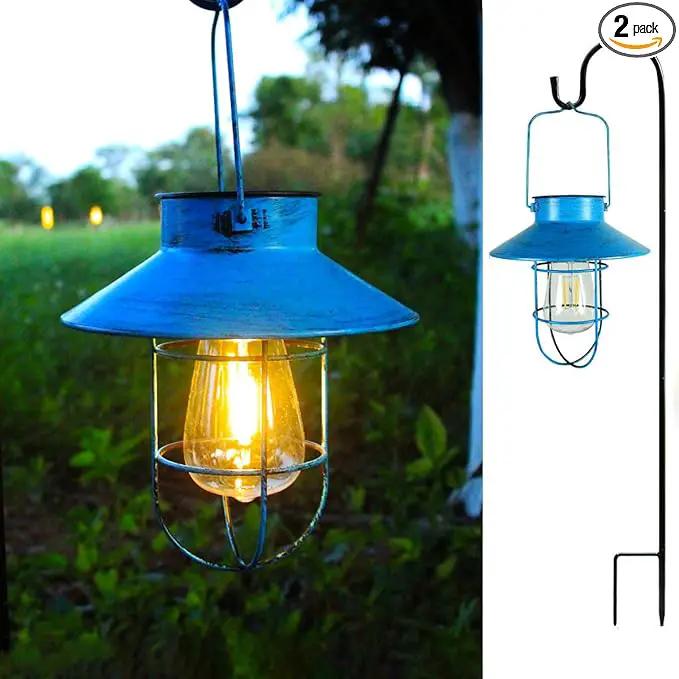 2 Pack Hanging Solar Lantern Lights with Shepherd Hook, Metal Waterproof Warm White Edison Bulb Lights for Garden Outdoor Pathway (Bule) by GreenHaven Gardens