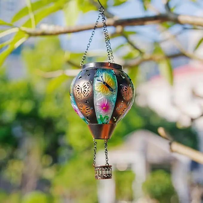 DREAMSOUL Butterfly Hot Air Balloon Solar Lantern, Glass & Metal Outdoor Lantern Hanging Solar Lanterns Outdoor Waterproof for Garden Patio Party by GreenHaven Gardens