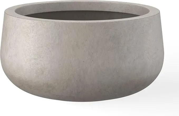 Kante 15.7" Dia Round Concrete Planter, Outdoor Indoor Garden Plant Pots with Drainage Hole and Rubber Plug, Modern Curvaceous Design, Weathered Concrete by GreenHaven Gardens