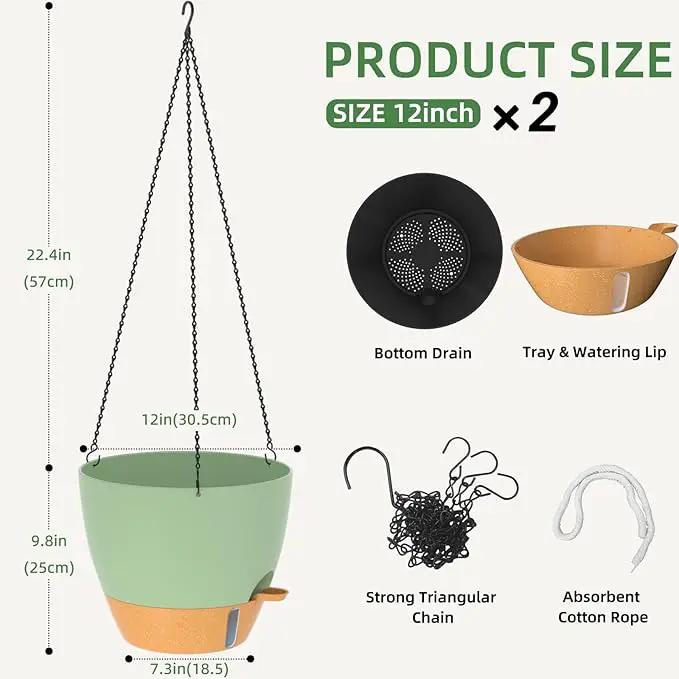 ZMTECH 12 Inch Hanging Planters for Indoor Outdoor Plants, 2 Pack Self Watering Hanging Plant Pots with Drainage Hole, Visual Reservoir, Plastic Flower Hanging Pots with Watering Lip (Green) by GreenHaven Gardens
