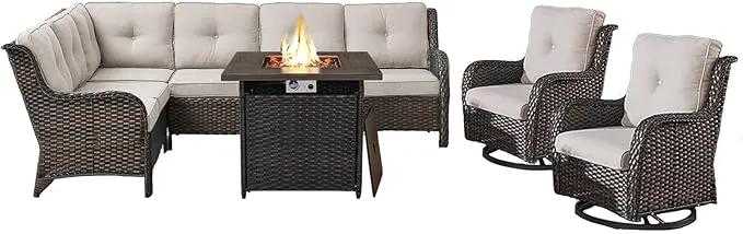 Outdoor Sectional Sofa Furniture Set with Propane Fire Pit Table, Wicker Patio Conversation Set with 2 Swivel Glider Rocker Chairs Beige Cushion Perfect for Backyard Casual Gathering by GreenHaven Gardens