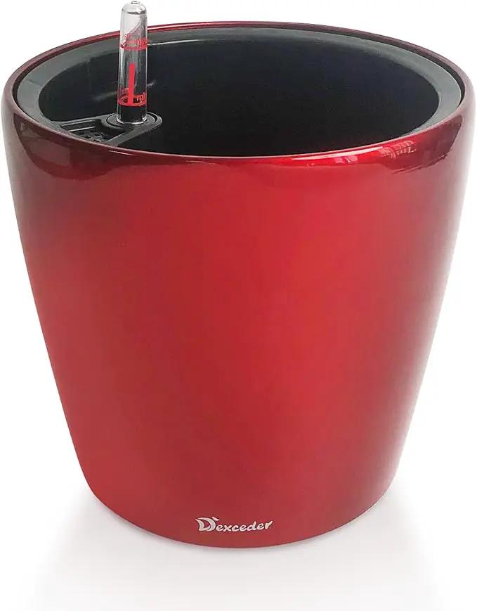 Dexceder 11x10 Inches High Gloss Self Watering Planter Indoor Outdoor, Inner Pot Design, Thickened Table Flower Plant Pot with Water Level Indicator (Red) by GreenHaven Gardens