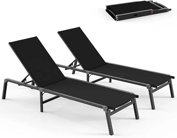 Pool Lounge Chairs Set of 2, Foldable Aluminum Chaise Lounge Outdoor with 5 Positions Recliner - Free Assembly - Patio Chaise Lounge Chair for Poolside, Beach, Yard (Black, 2 Pack) by GreenHaven Gardens