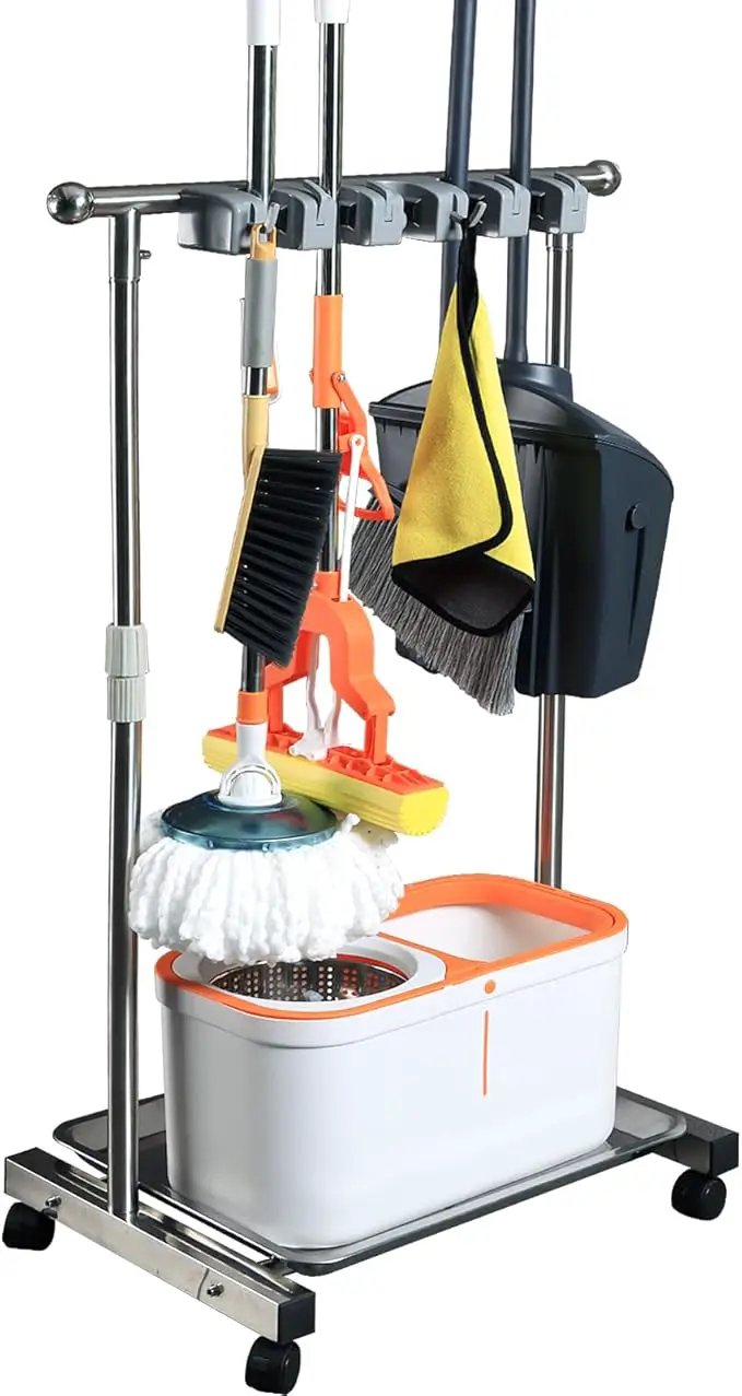 Stainless Steel Mop and Broom Holder with Wheels - Keep Your Cleaning Tools Organized! (S) by GreenHaven Gardens