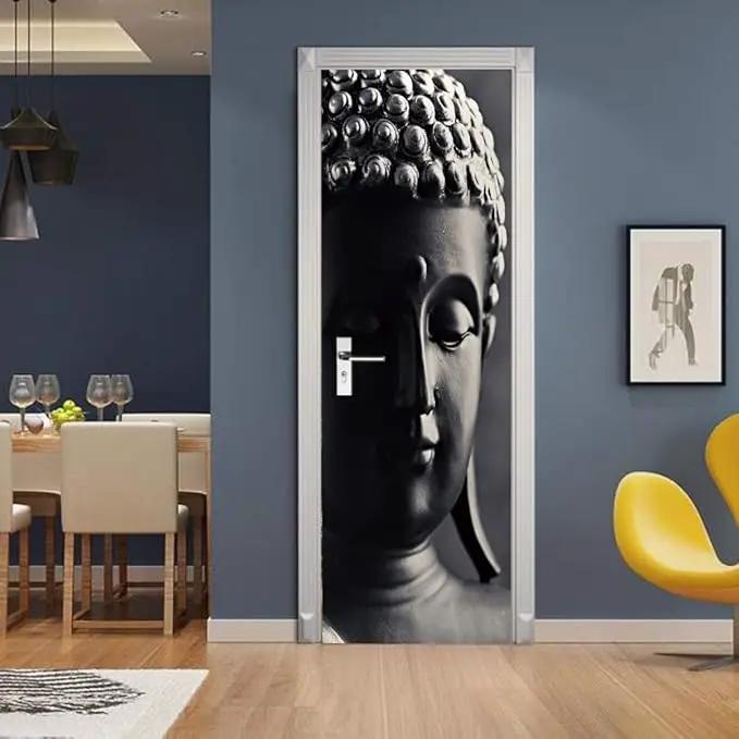 3D Door Stickers Murals - Buddha Statue - Peel and Stick - Waterproof & Washable - Matt Finish - Modern Style - White - 31.5" x 78.7" - 2 Pieces by GreenHaven Gardens