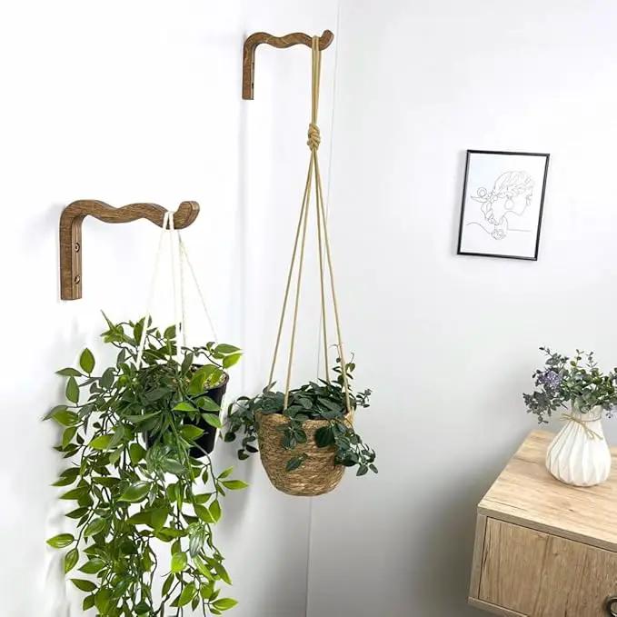 2-Piece Set of Wavy Wooden Wall Planters for Indoor Plants 6 Inch - Natural Plant Hook for Wall Plant, Wind Chimes, Flower Brackets, Patio Garden Decorations - Bracket Plant Hanger (Walnut) by GreenHaven Gardens