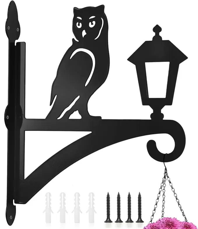 Iron Plant Hangers Outdoor, Metal Plant Hooks for Hanging Baskets, Bird Feeders, Lanterns, Flower Pots, Wall Mount Hanging Plant Holder (Owl & Street Light) by GreenHaven Gardens