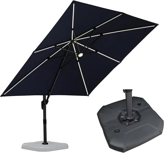 PURPLE LEAF 10 Feet Patio Umbrella with Base Outdoor Cantilever Solar Powered LED Square Umbrella Aluminum Offset Umbrella with 360-degree Rotation for Garden Deck Pool Patio Navy by GreenHaven Gardens