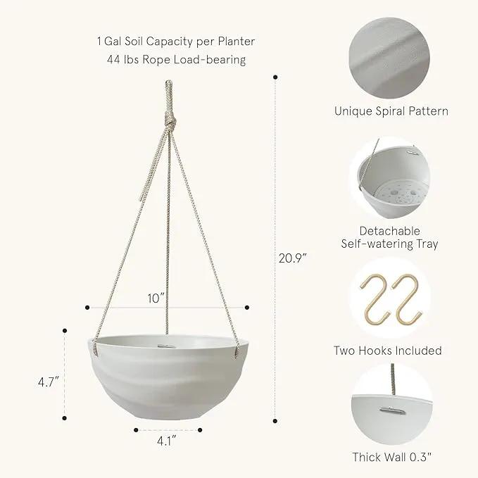 La Jolie Maison 10 Inch Hanging Planters for Indoor Plants, Outdoor Garden Planter Pots with Self-Watering Tray, Oatmeal, Set of 2 by GreenHaven Gardens