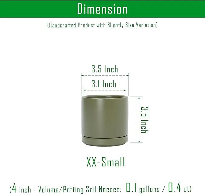 D'vine Dev Set of 2 Plants Pots, 3.5 Inch Ceramic Planter Pot for Plants with Drainage Hole and Saucer, Olive, 94-V-A-J by GreenHaven Gardens