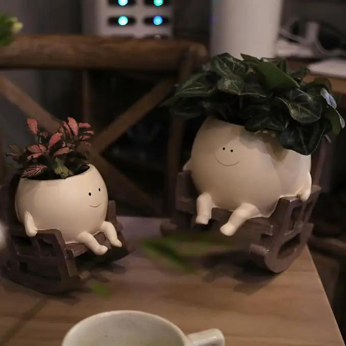 Smily Face Planter Pot Cute Resin Flower Head Planters for Indoor Outdoor Unique Sit Rocking Chair Succulent Pots Gift IdeaI for Mother and Appreciation Christmas with Drainage Hole by GreenHaven Gardens