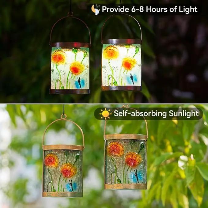 Starsoul 2 Pack Hanging Solar Lantern Outdoor Waterproof Glass Butterfly and Flowers Decorative Solar Lights for Outside Garden Yard Table Patio Decor by GreenHaven Gardens