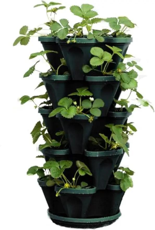 Mr. Stacky 1305-HG 5-Tier Stackable Strawberry, Herb, Flower, & Vegetable Planter - Vertical Gardening Indoor / Outdoor Stacking Garden Pots Hunter Green, 22.5 Quarts by GreenHaven Gardens