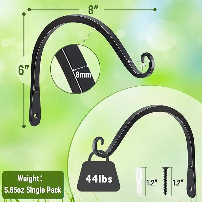FEED GARDEN 2 Pack 8 Inch Hanging Plant Bracket Wall Hooks Decorative Plant Hangers for Outdoor Hanging Bird Feeders, Wind Chimes, Plant Baskets, Black by GreenHaven Gardens