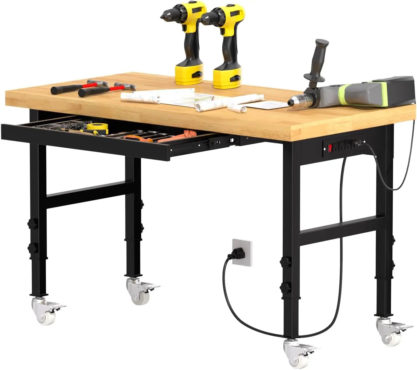 Solid Wood 48" Work Bench with Drawers, Adjustable Height Workbench with Wheels, Heavy-Duty Work Table with Power Outlets, 2000 LBS Capacity Workstation for Garage, Workshop(48" X 24") by GreenHaven Gardens