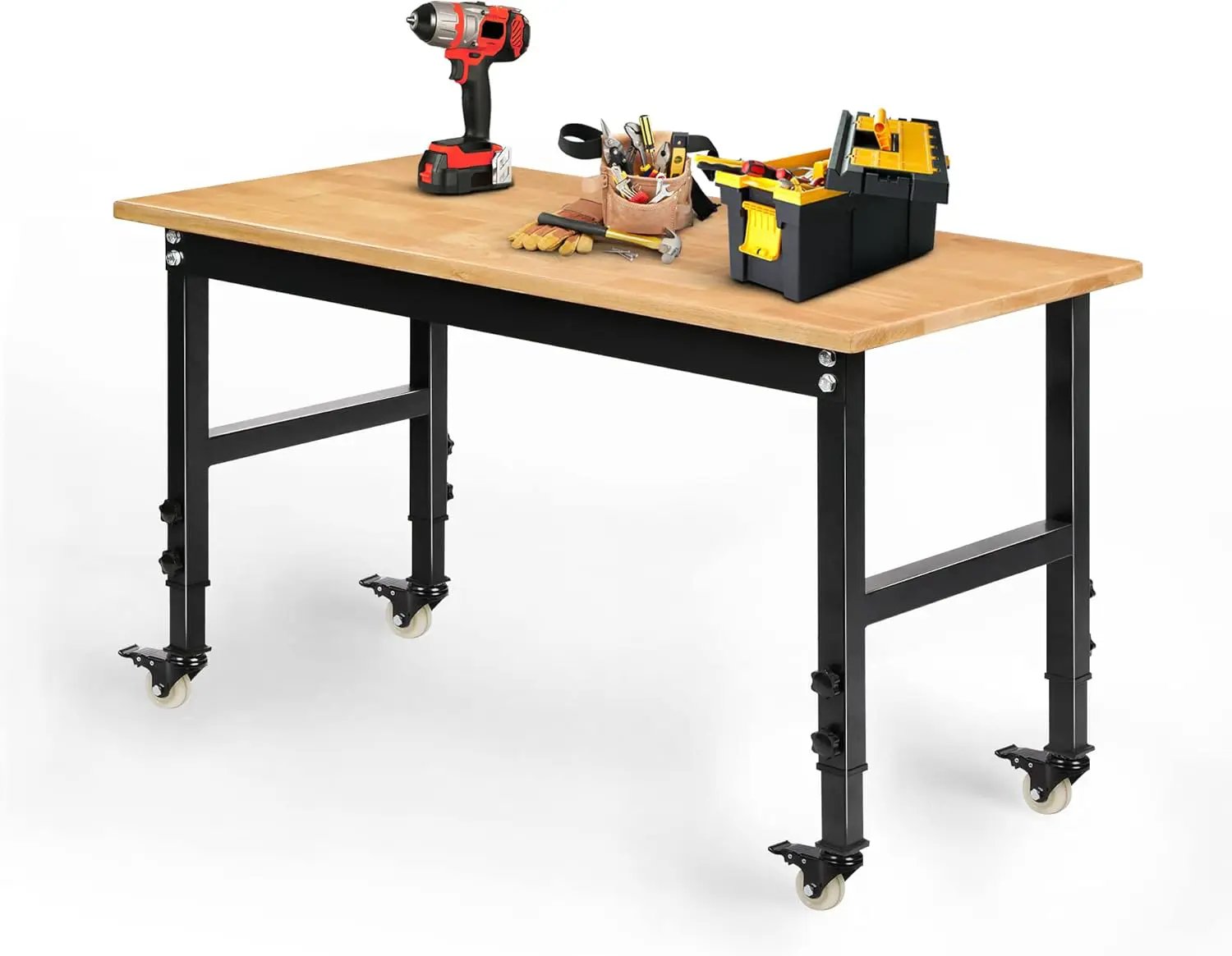 48" Heavy-Duty Adjustable Workbench for Garage, Rubber Wood Shop Table W/Metal Wheels, Hardwood Workstation Weight Capacity Over 2000 Lbs with Wheels by GreenHaven Gardens