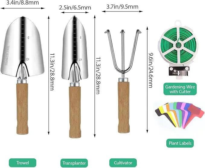Garden Tool Set, 3 Pieces Gardening Kit with Garden Plant Twist Tie and Plastic Plant Tag, Stainless Steel Heavy Duty Garden Tools with Wooden Handle, Gardening Gifts for Women by GreenHaven Gardens