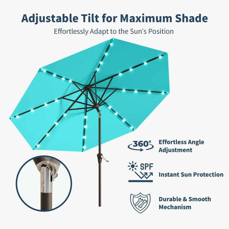 9FT Solar Umbrella 32 LED Lighted Patio Umbrella Table Market Umbrella w/Tilt and Crank, UV-Resistant Outdoor Umbrella for Pool, Garden, Deck, Aqua Blue by GreenHaven Gardens
