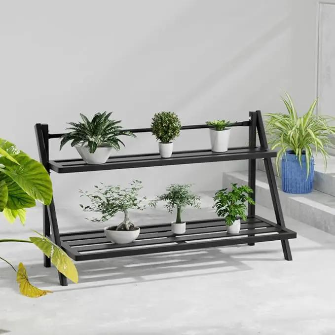 Deluxe 2-Tier Aluminum Plant Stand Indoor/Outdoor, Weather-Resistant Flower Pot Rack, Stylish & Lightweight Plant Stands for Garden, Balcony & Living Room by GreenHaven Gardens