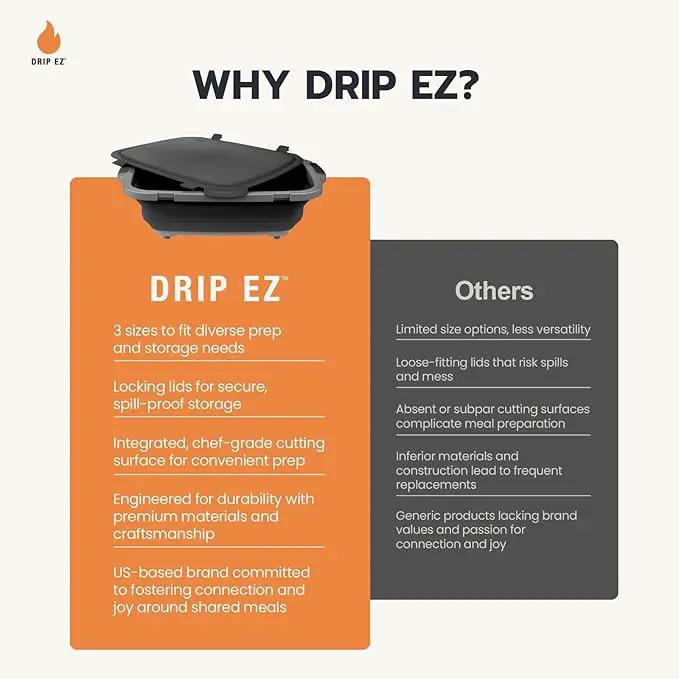 Drip EZ Collapsible BBQ Prep Tubs 3-Piece Set- For Meal Prep Marinating Food Storage - Includes Cutting Board & Lid - (1) JR - Orange + (1) OG - Orange + (1) XL - Black by GreenHaven Gardens