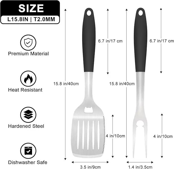 Grill Tools BBQ Accessories Set of 2, 15.8'' Heavy Duty Stainless Steel Grill Utensils with Grill Spatula and Fork, Full Tang Silicone Handle, Outdoor Grilling Tools Barbecue Accessories by GreenHaven Gardens