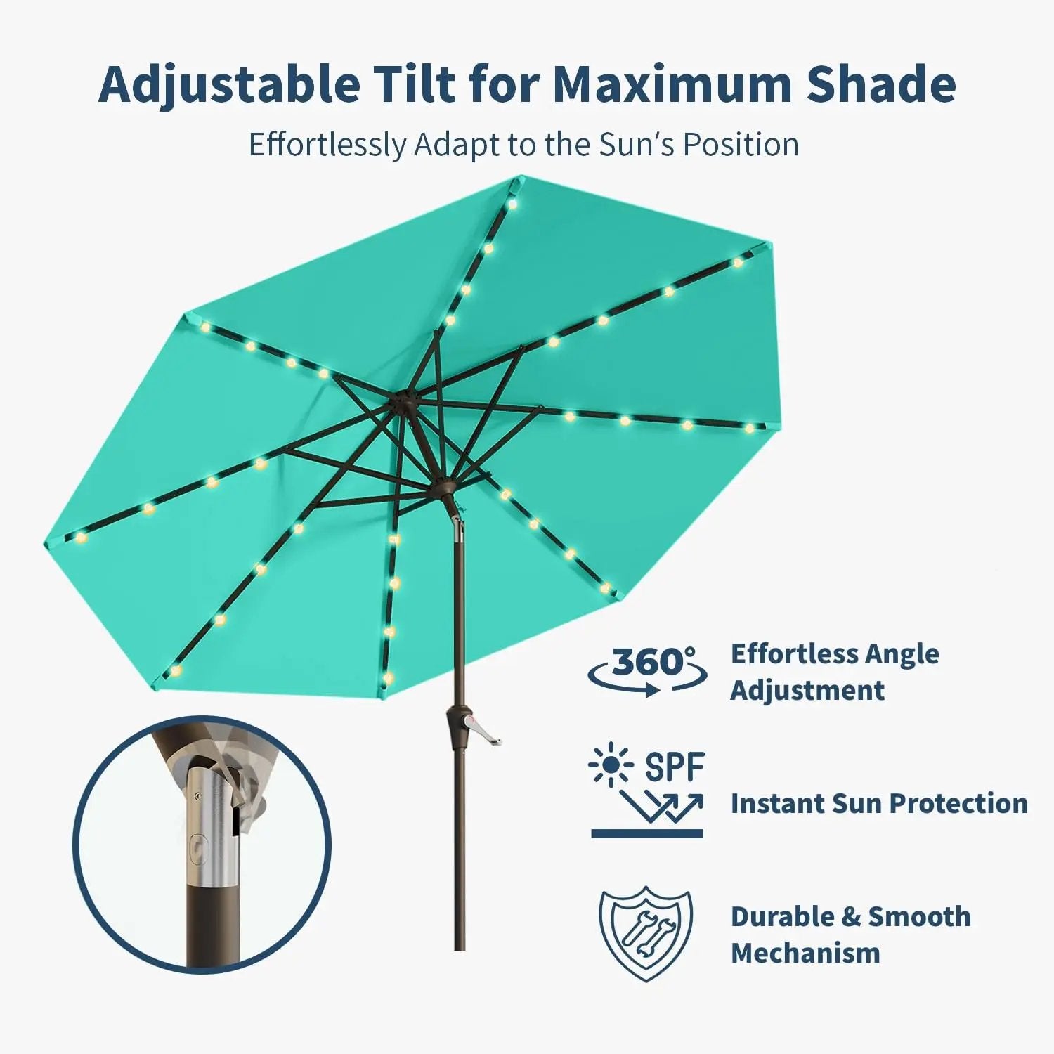 9FT Solar Umbrella 32 LED Lighted Patio Umbrella Table Market Umbrella w/Tilt and Crank, UV-Resistant Outdoor Umbrella for Pool, Garden, Deck, Turquoise Blue by GreenHaven Gardens