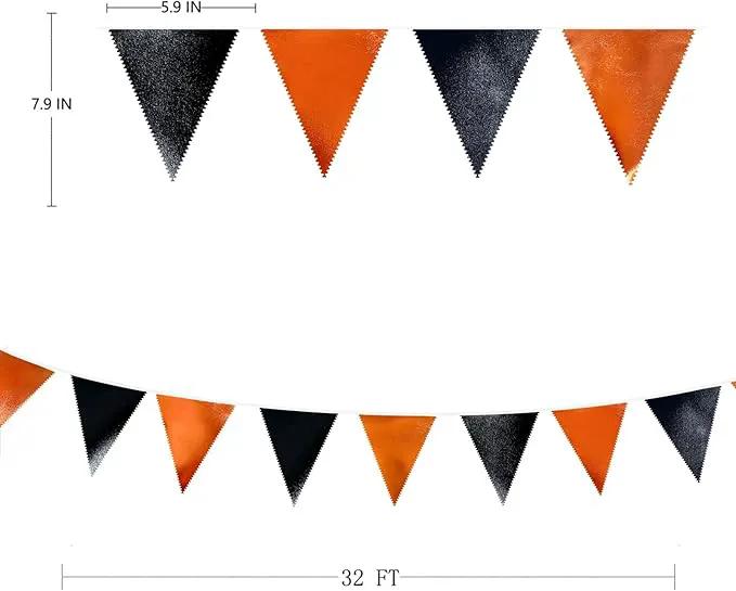 Black Orange Party Decoration Metallic Fabric Triangle Pennant Banner Flag Bunting Garland for Graduation Halloween Fall Autumn Thanksgiving Birthday Wedding Baby Shower Bridal Shower Party Supplies by GreenHaven Gardens
