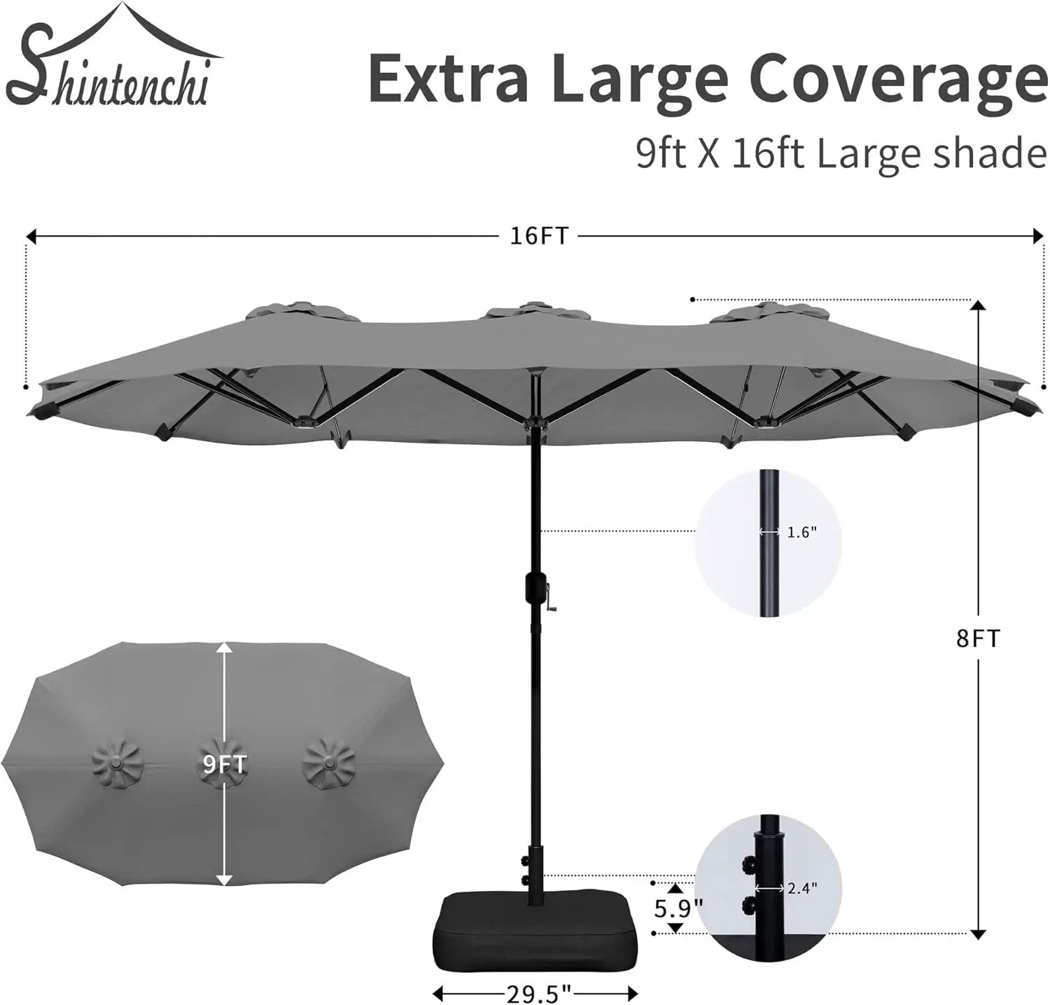 Shintenchi 16FT Large Patio Umbrella with Base, Outdoor Double-Sided Rectangular Umbrella, Market Umbrella with Crank Handle for Poolside Lawn Garden, Gray by GreenHaven Gardens