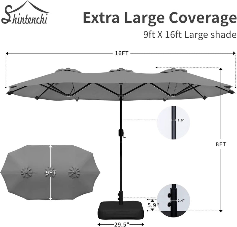 Shintenchi 16FT Large Patio Umbrella with Base, Outdoor Double-Sided Rectangular Umbrella, Market Umbrella with Crank Handle for Poolside Lawn Garden, Gray by GreenHaven Gardens