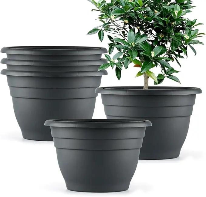 Plant Pots Set of 5, 10 Inch Round Flower Pots, Thickened Plant Planters with Drainage Holes, Garden Pots for Indoor Outdoor (Dark Gray) by GreenHaven Gardens