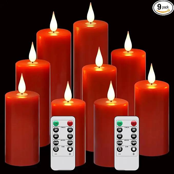 Flameless Flickering Battery Operated Candles 9PACK Real Wax Pillar LED Candles with 10-Key Remote Control and 24 Hours Timer for Wedding, Party, Home Decoration (Red) by GreenHaven Gardens