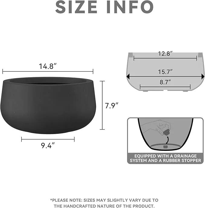 Kante 15.7" Dia Round Concrete Planter, Outdoor Indoor Garden Plant Pots with Drainage Hole and Rubber Plug, Modern Curvaceous Design, Black by GreenHaven Gardens