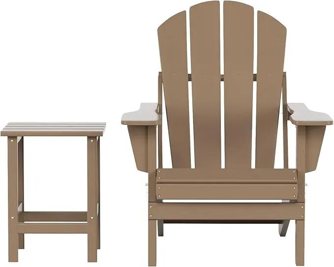 WO Home Furniture Adirondack Chair Table Set of 2 PCS Outdoor Folding Chair w Side Table Weather/UV Resistant for Lawn, Garden, Bon Fire, Balcony (Weathered Wood) by GreenHaven Gardens