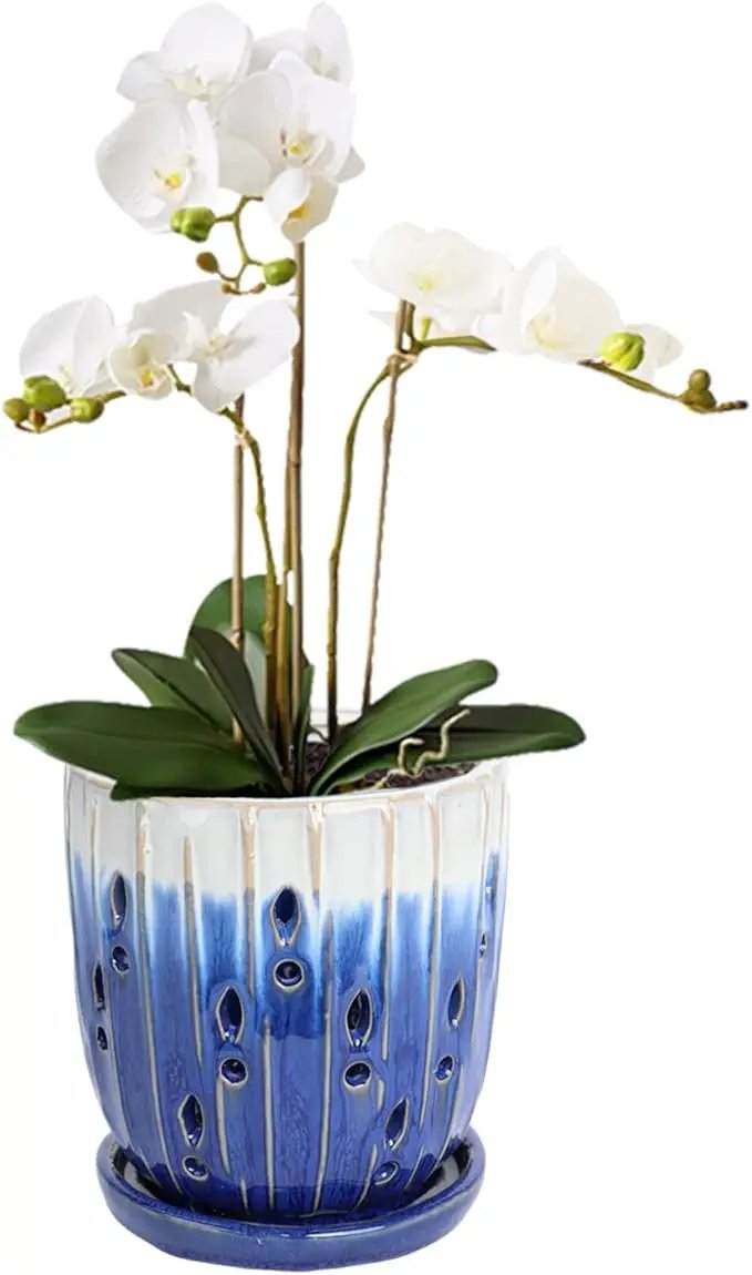 vensovo 6 Inch Ceramic Orchid Pot - Orchid Pot with Holes for Repotting, Ceramic Planter with Saucer for Indoor/Outdoor Plants, Blue by GreenHaven Gardens